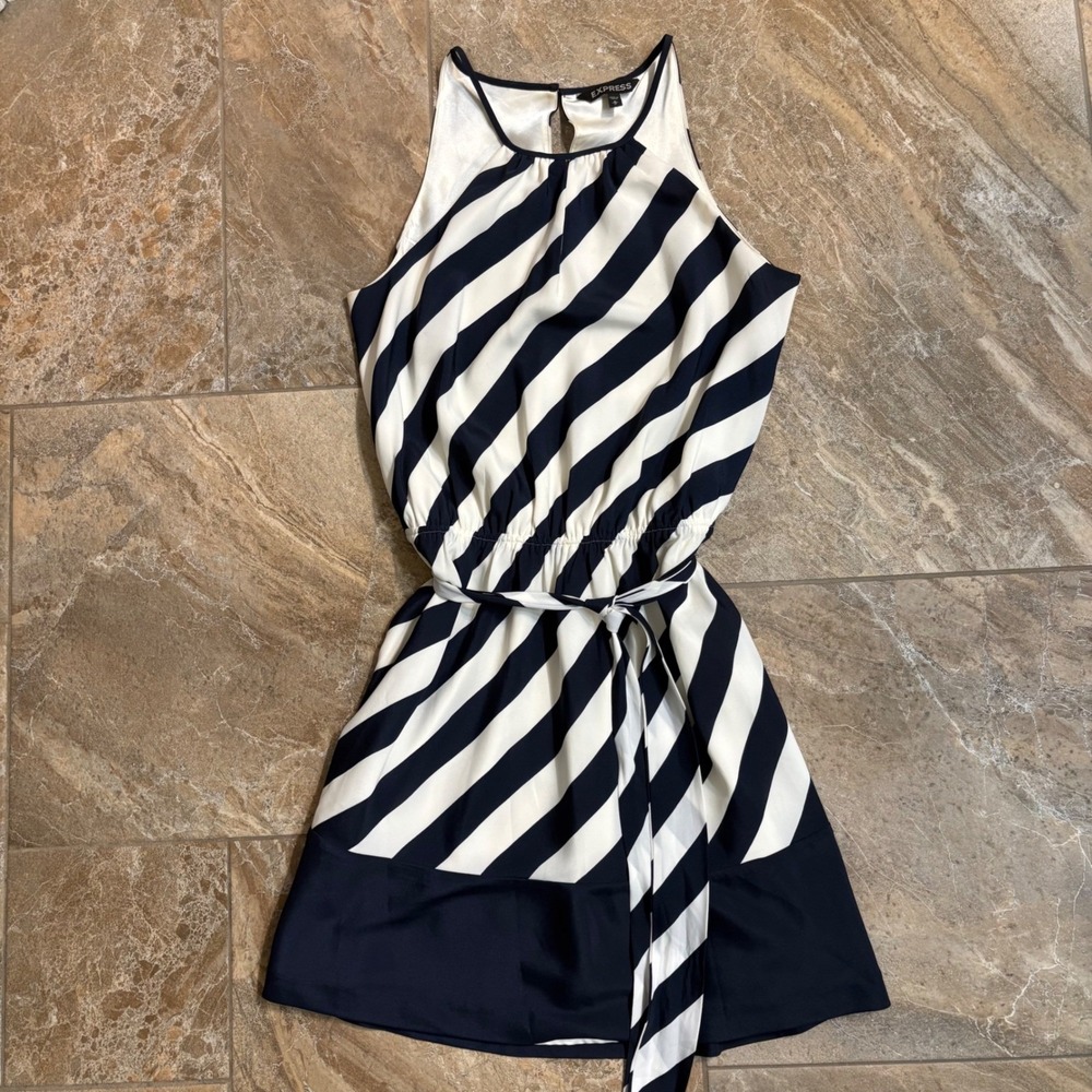 Express Navy Blue White Striped Sleeveless Belted Mini Dress Medium Nautical - Picture 2 of 7